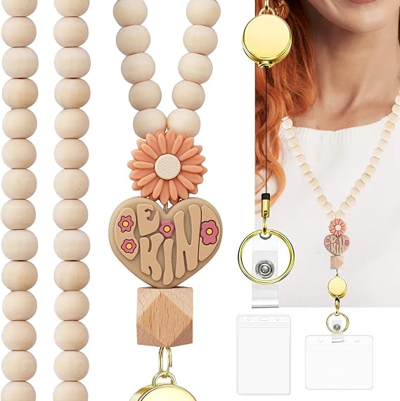 Wood Beaded Teacher Lanyard with ID Holder for Id Badges Keys