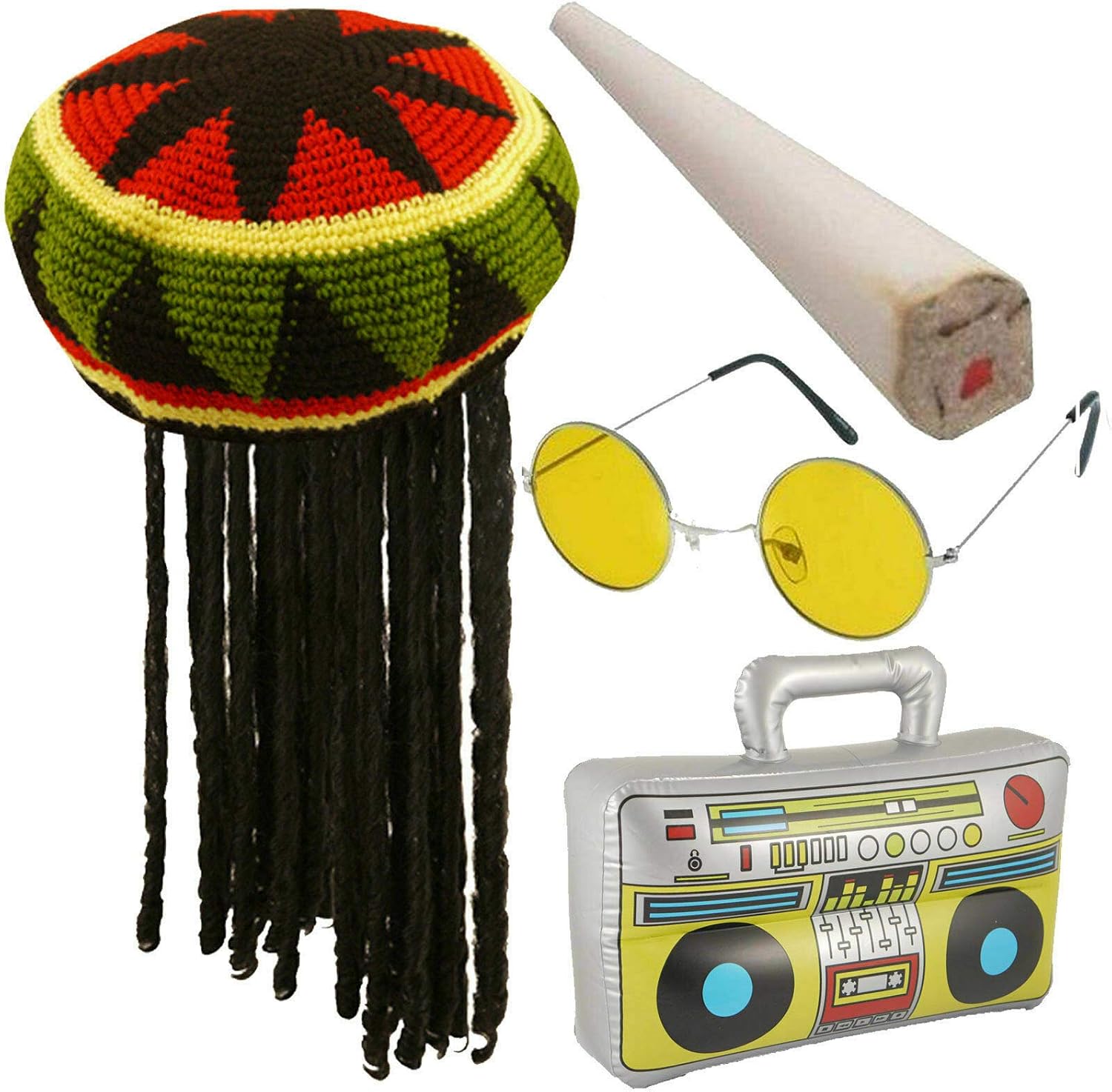 Jamaican Rasta Hat with Dreadlocks Wig, Fake Spliff, Yellow Glasses &amp; Inflatable Boom Box Caribbean Fancy Dress