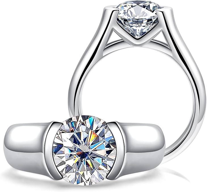 CannyCat 3 Carat Moissanite Half Bezel Set Promise Ring for Women Platinum-Plated Silver D color VVS 9 mm Moissanite Tension Solitaire Engagement Band
