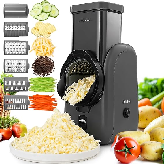 Electric Cheese Grater,Electric Salad Maker,Multi Grater, Fruit Cutter, Automatic Vegetable Chopper Slicer,Food Processor,for Cheese, Cucumber, Carrot,Gray-Black