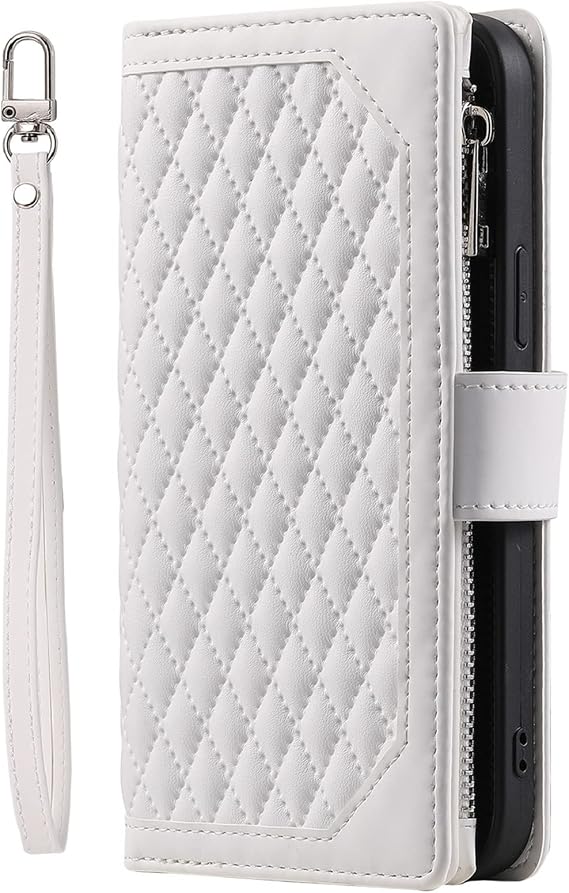 XYX Wallet Case for Moto G72, Zipped Pocket Multi-Function 7 Card Slots Flip Phone Case Cover with Wrist Strap for Motorola G72, White