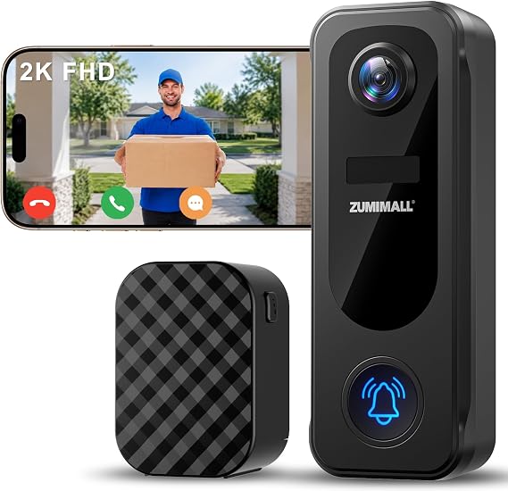 ZUMIMALL 2K Wireless Doorbell Camera No Subscription, Battery Powered