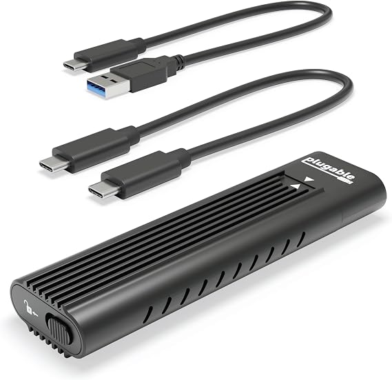 Plugable M.2 NVMe SSD Enclosure; Tool-Free & Driverless, USB 3 Type-C, Including Thunderbolt and USB4, at 10Gbps. for M.2 NVMe SSDs 2230 to 2280 PCIe Gen 3 and 4. USB Cables Included