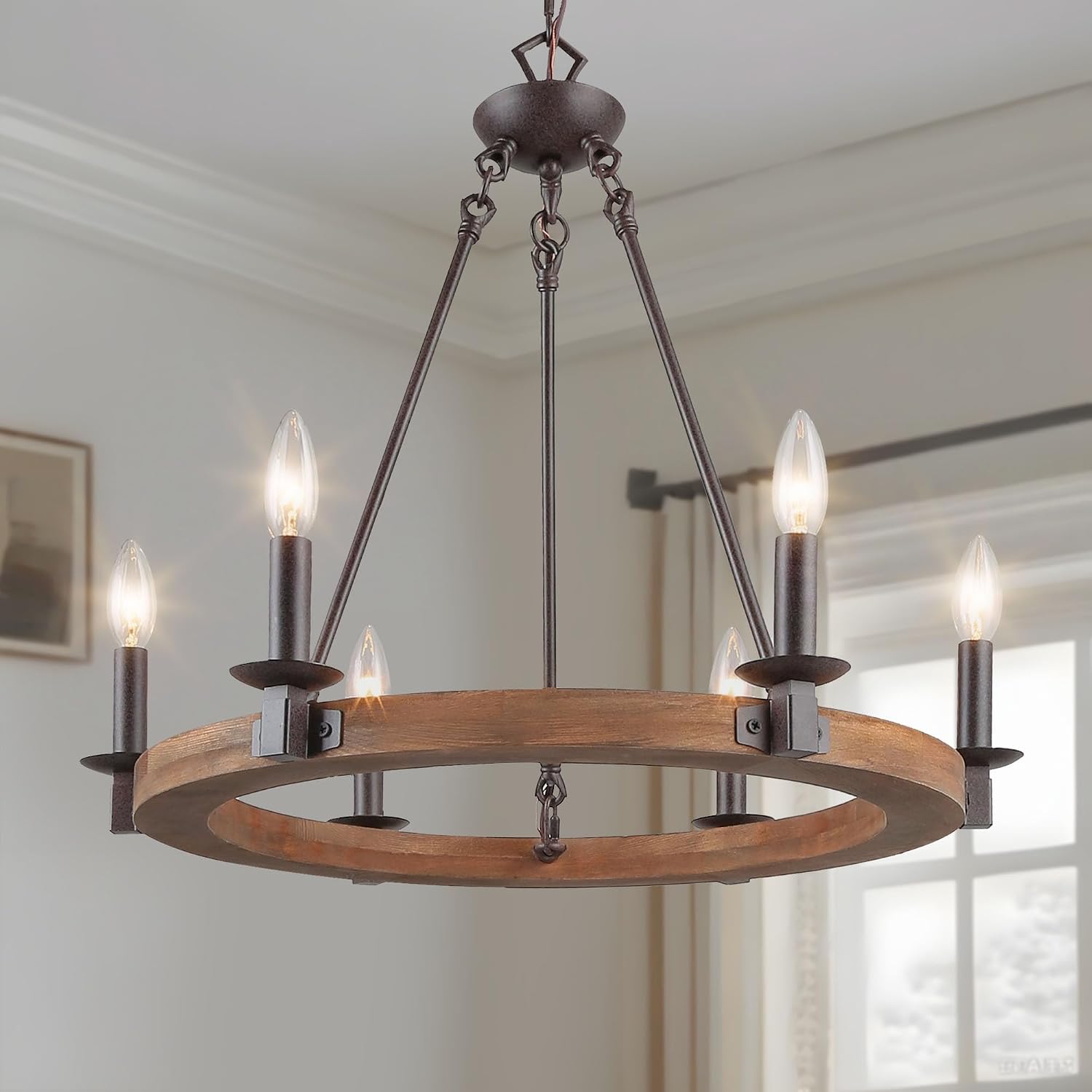Farmhouse Wood Chandelier, Rustic Ring Wagon Wheel Wood Light Fixture for Dining Room, Kitchen Island, Living Room, Bedroom, and Foyer