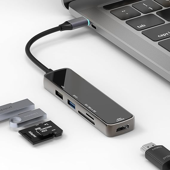 5-in-1 USB C Hub for MacBook Pro, Multiport Adapter with 4K HDMI, USB 3.0, SD/TF Card Reader for Dell XPS, Chromebook, Aluminum Type C Dongle