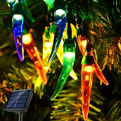 23FT Solar Chili Pepper String Light, 50LEDs Outdoor, Multicolor, Waterproof, for Kitchen, Xmas, Eaves, Arbor, Home Decor