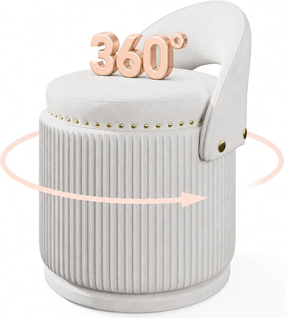 Homkdom Chair with Storage, Small Vanity Stool with Swivel, White