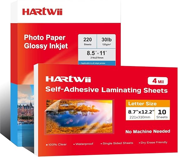 Self Adhesive Laminating Sheets,4Mil 8.5x11inches,10 Sheets and 220 Sheets Inkjet Glossy Thin Paper 8.5x11 inch 30lb 120gsm A4 Letter Size