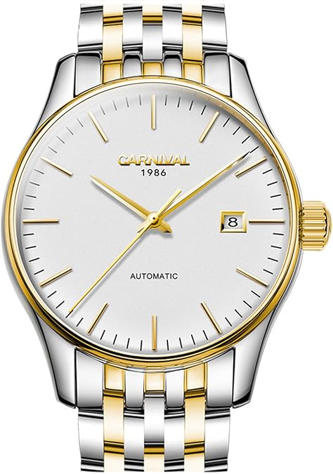 Carnival Men Automatic Machine Gold Stainless Steel Sapphire Glass Waterproof Men's Date Week White Watch