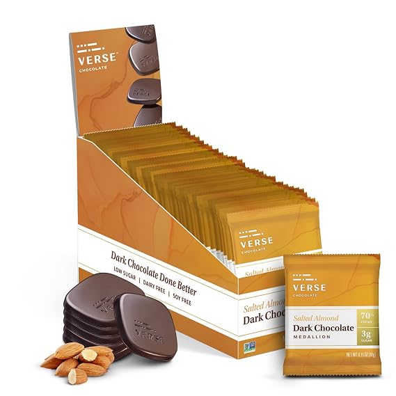 Verse 70% Dark Chocolate Squares, Salted Almond, High Cacao, 30-Count