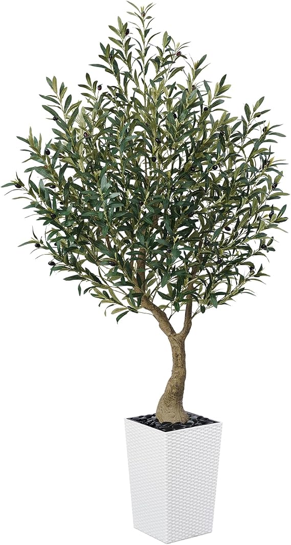 VeriNatural Artificial Olive Tree 180 cm - Tall Faux Plant with 1722 Silk Leaves, 78 Fruits, UV Resistant with White Taper Planter - Large Artificial Plants for Indoors Outdoors Home Garden, VN137