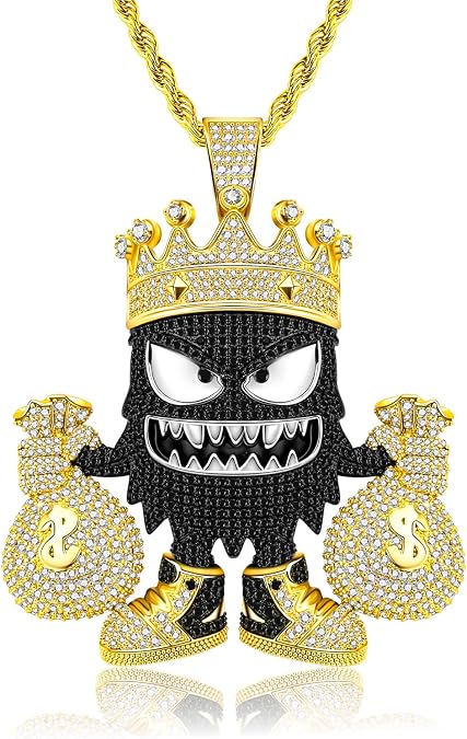 HELLOICE Iced Out Crown Little Monster Money Bag Pendant Necklace for Women Men 5A CZ Cartoon Monster Pendant Necklace Personality Hip Hop Jewelry with 3mm 24inches Rope Chain