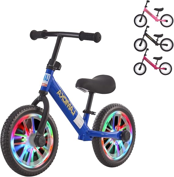 12/14" Kids Bike Kid Balance Bike Toddler Training Bike No Pedal Children Cycles with LED Light up Wheels Adjustable Handlebar Leather Seat Fixed bracket for 2-5 Years old Boys and Girls