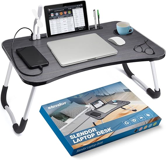 Slendor Foldable Lap Desk with Cup Holder for Bed, Couch, Floor | Portable,with USB Light, Fan, Pen Holder,Tablet Holder,for Laptop,Writing,Eating, Black