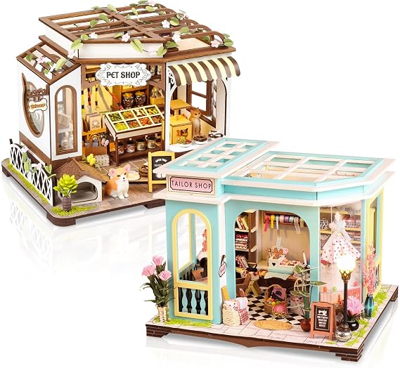 DIY Miniature House Kits,Tiny House Pet Shop with Mini Furniture & LED Lights,3D Wooden Crafts Model Set for Adults Teens to Build,Home Decor Birthday Dollhouse Gifts for Family and Friends