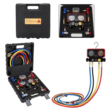 Wells AC R1234YF Gauge Set 4 Way AC Manifold Gauge Set R1234YF R134A R404A Only 1/2 Acme Refrigerant HVAC Tools with 5ft Hoses, Couplers Puncture, Can Tap, Works on Car Freon Charging and Evacuation