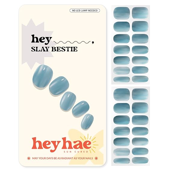 Heyhae Semi Cured Gel Nail Strips | No LED Lamp Needed | Solid, Blue | Easy Apply & Remove, Salon Quality | Includes 28 Strips, 1 Prep Pads, Nail File & Wooden stick - Hey, Slay Bestie