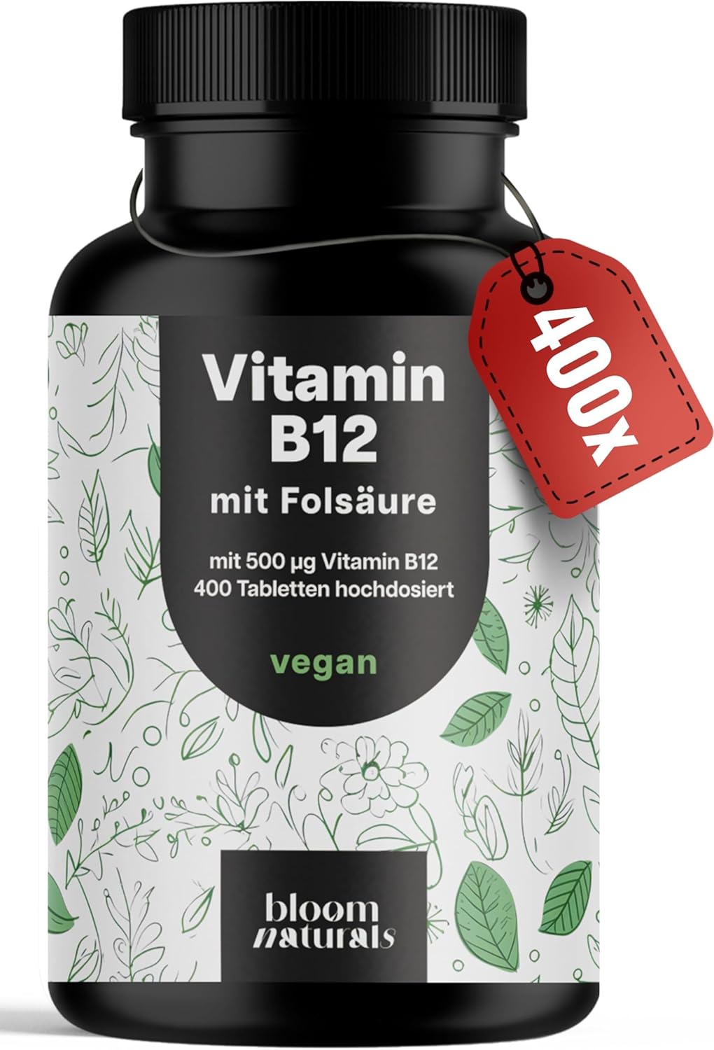Vitamin B12 High Dose – 400 Tablets with 500µg Vit B12 + 200µg Folic Acid – Certified Laboratory Tested – Vegan & Produced in Germany – Packaging May Vary