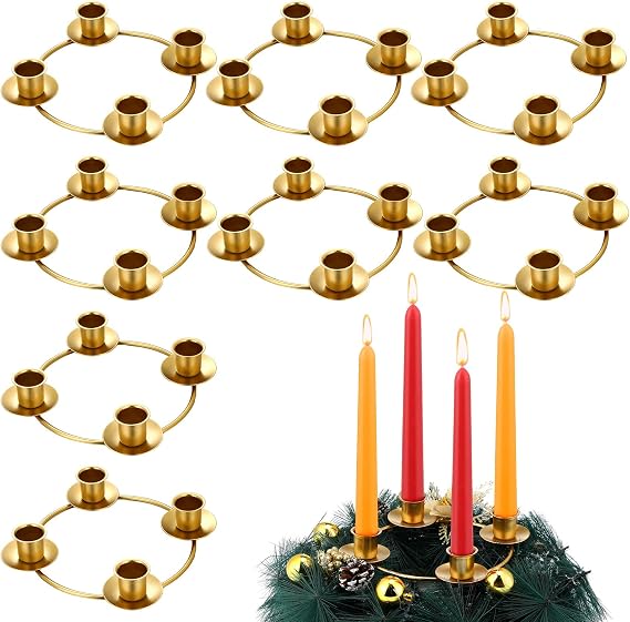 Sliner 8 Pcs Christmas Flower Advent Wreath Ring, 4 Taper Candle Holder | Gold Metal, Christmas Centerpiece Decor, Fits Taper Candles, Oval Rings for Festive Tables, Advent Tradition, Home Decoration