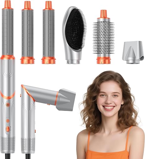 5-in-1 Foldable Airstyler High-Speed Multistyler with Coanda Effect Curling Iron (110000 rpm) Ion Curling Hair Dryer & Hot Air Brush Set Blow Dryer Brush for Travel Silver-Orange