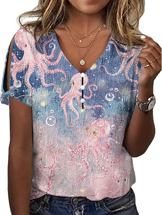 Cold Shoulder Summer Tops for Women 2025 Trendy Printed Button V Neck T Shirts Fitted Casual Blouses for Ladies