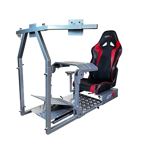 GTA-Pro Model Racing Simulator, Small Triple Mount, Fits up to Three 24" TV Monitors, Diamond Silver Frame, Black and Red Seat