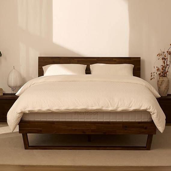 FLEXISPOT Hako G3 Queen Solid Acacia Wood Bed, Tool-Free Assembly | Storage Headboard, 1500 lbs Solid Wood Platform Bed, Sherwin-Williams Finish, SGS Certified, Walnut Brown