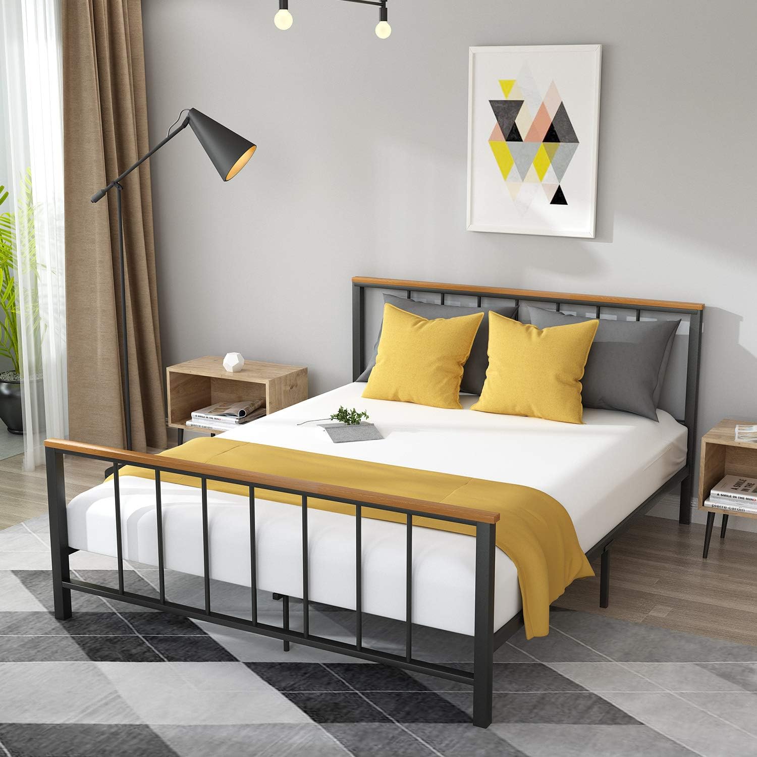 Queen Size Bed Frame with Headboard and Footboard, Metal Platform Bed Frame Mattress Foundation Tall Heavy Duty, Sturdy Steel Slat and Anti-Slip Support, No Box Spring NeededEasy AssemblyNo Noise