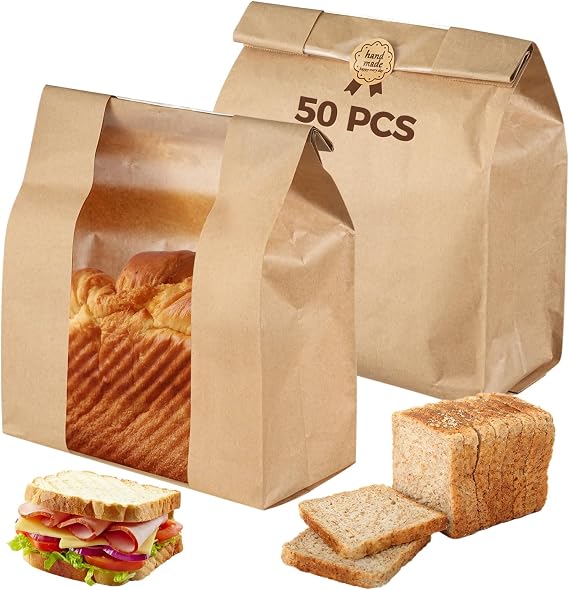 Kraft Paper Bread Bags, Bread Bag for Homemade Bread, Sourdough Paper Bag with Window, Handmade Bread Storage Bag, Food Packing Bags with Label Seal Stickers, 13.6 x 8.3 x 3.5 Inches (50PCS)