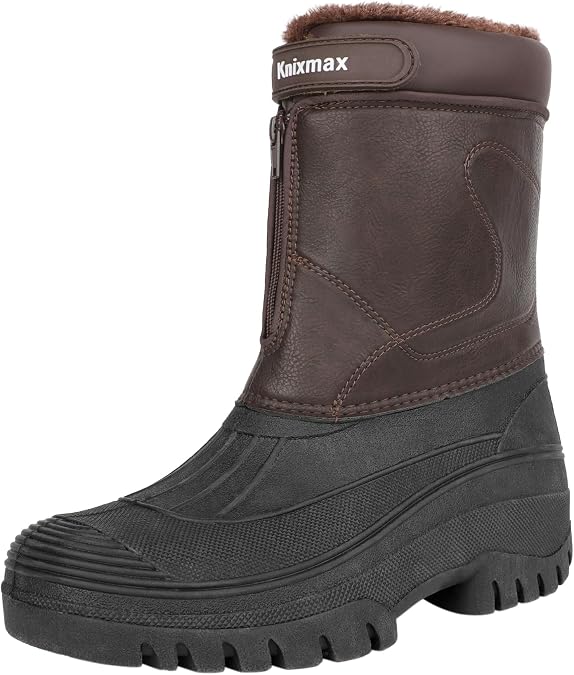 Knixmax Mens Winter Snow Boots Waterproof Mid Calf Zip Boot Brown US13|EU46