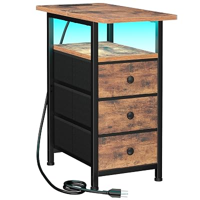 AMHANCIBLE Narrow End Table Living Room with Charging Station, Slim LED Nightstand with Fabric Drawers, Skinny Side Table for Bedroom, Small Spaces, Couch, Rustic Brown, HETN013LBR-1