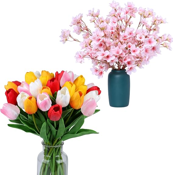 SITUMEIZI 15 Pcs Fake Tulips & 6 Pcs Cherry Bloossom Branches(Not Vase)