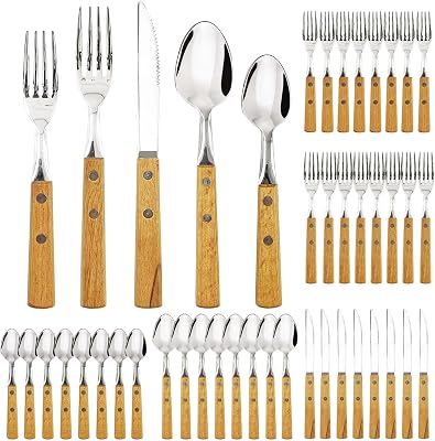 Daily Treasures Wooden Handle Home Utensils Set,40Pcs Stainless Steel Flatware Set for 8 People,Knife Fork and Spoon Set,Premium Rosewood Handle Tableware,Silverware Set for Home,Patry