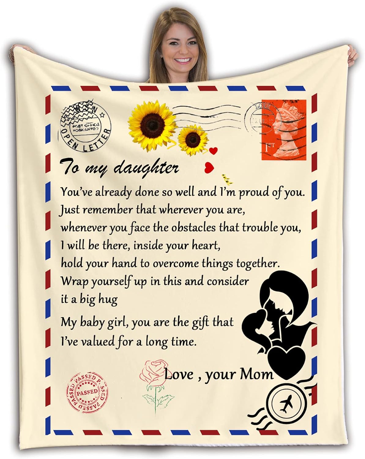 Throw Blanket to My Daughter from Mom, Message Letter Fleece Blanket to My Daughter, Encourage and Love Hug Blanket, Best Gifts for Birthday Christmas Thanksgiving Graduation,55 * 70inch