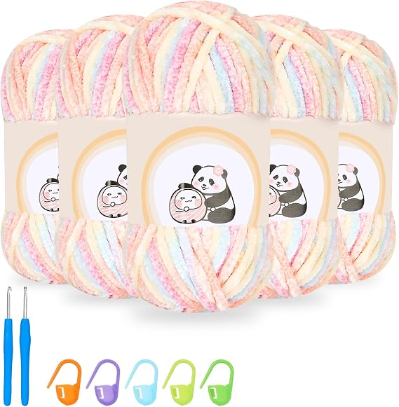 Chenille Yarn Set 5×500g, 5 Pack Plush Chunky Wool for Crochet & Knitting | Soft Fluffy Baby Velvet Chenille Yarns for Crochet Amigurumi, Blankets, Scarves, Socks & DIY Crafts (Rainbow)
