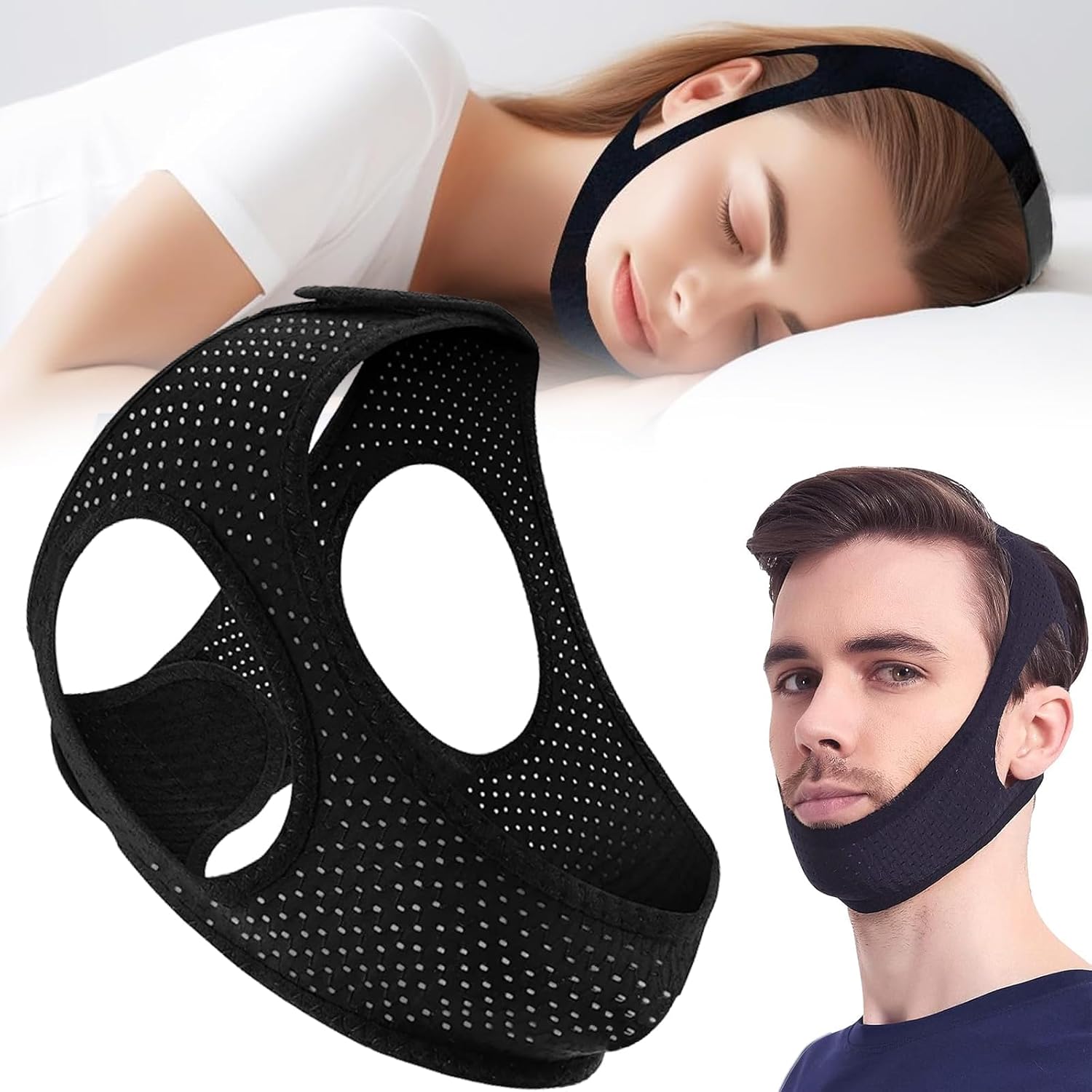 Anti Snoring Devices - Chin Strap for Sleeping - Simple and Effective Stop Anti Snore Chin Strap - Adjustable Airflow Jaw Strap - Snoring Solution for Women and Men - Black