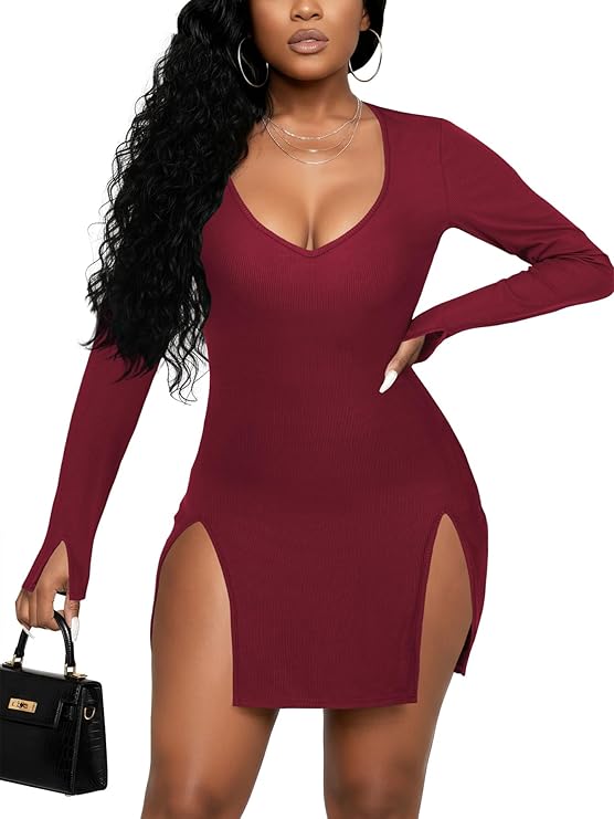 Rooscier Women's Sexy V Neck Long Sleeve Bodycon Side Split Cocktail Mini Dress