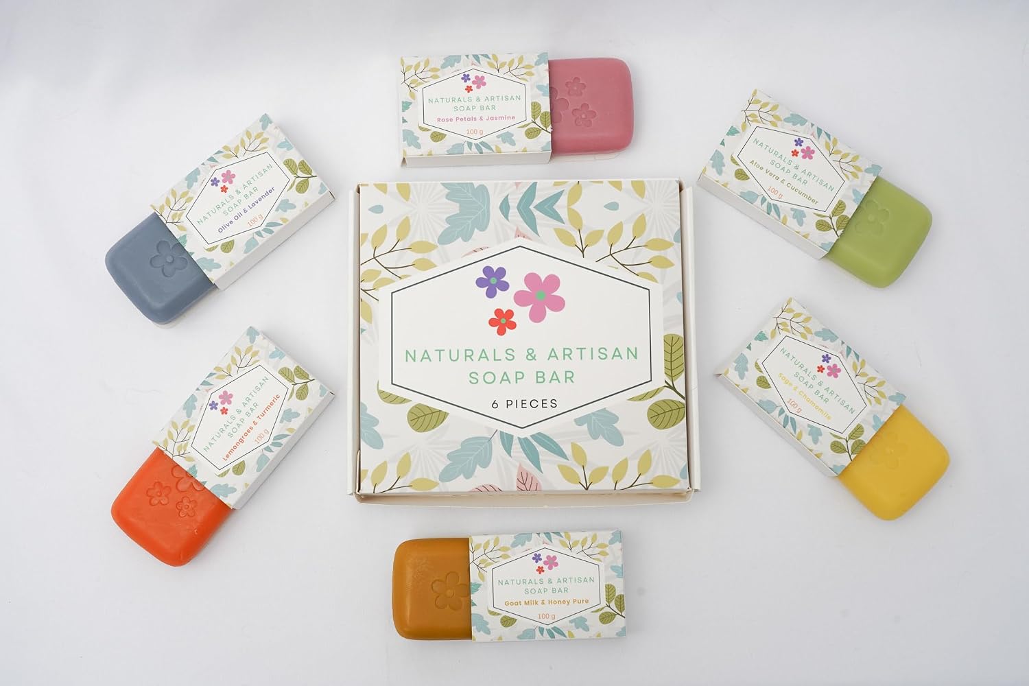 Premium Artisan Soap Bars, 6x100g, Unisex, Essential Oils: Olive Oil & Lavender; Rose Petals & Jasmine; Aloe Vera & Cucumber; Goat Milk & Honey; Sage & Chamomile; Turmeric & Citrus,Gift Set
