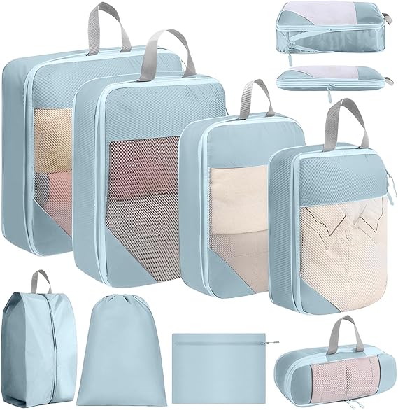 Compression Packing Cubes, 8pcs Travel Organisers | Blue, Ultralight, Expandable, Oxford Fabric, Packing Cubes, for Suitcase, Backpack, Carry On Luggage