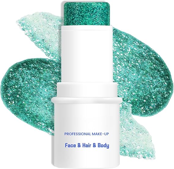 LOKFAR Green Body & Face Glitter Makeup Stick, Multiuse Waterproof Glitter Gel for Face Body Hair Eye Lip, Holographic Sequins Paint Stick, Mermaid Accessories Makeup