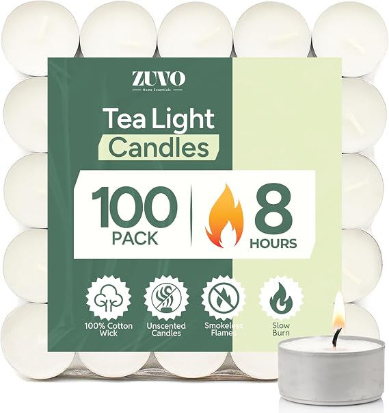 Zuvo Tea Lights Candles 8 Hour Burn (100 Pack) - Unscented White Tealight Candles, Long Burning Smokeless Tea Lights for Weddings, Home, Shabbat, Emergency - European Made, Lead-Free Cotton Wick