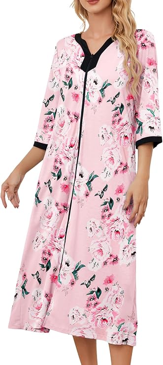 PITINAN Moo Moo Nightgown House Dress Zip up Robes for Women Long Lounge Dress House Coat Women S-3XL
