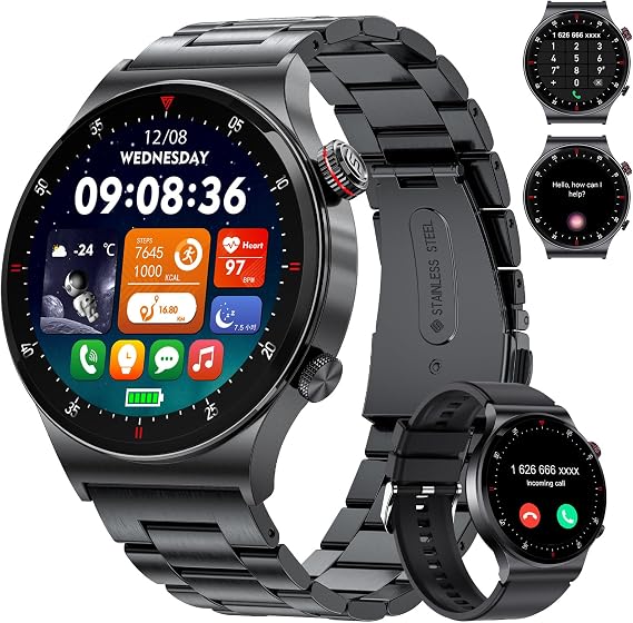 LIGE Akıllı Saat Erkek Bluetooth Telefon Aramaları 1,43'' AMOLED Daima Açık Ekran Erkek Akıllı Saat Android ve iOS 100+ Spor Aktivitesi Fitness Takipçisi Siyah Çelik Erkek Akıllı Saat Nabız Sağlık