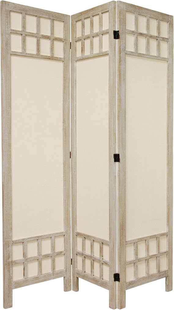Oriental Furniture 5 1/2 ft. Tall Window Pane Fabric Room Divider - Burnt White - 3 Panel
