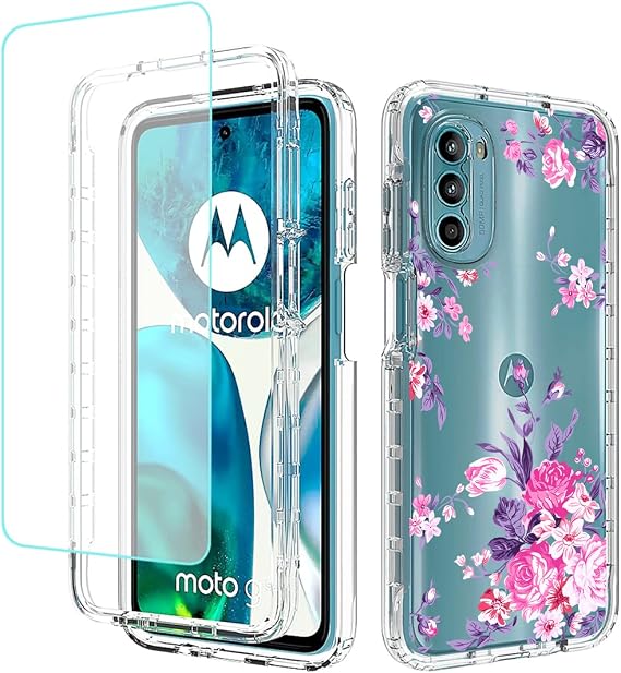Case for Moto G52 4G/Moto G82 5G/Moto G71S 5G XT2225-1 Case with Tempered Glass Screen Protector, Full Body Clear Floral TPU Phone Protective Cover for Motorola Moto G52 4G (Rose Flower)