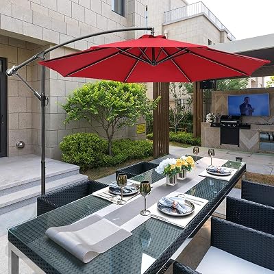 Patio Offset Hanging Umbrella with Cross Base 10ft Outdoor Market Patio Umbrella Waterproof Cantilever Umbrella with Crank & Tilt for Lawn and Garden, 8 Sturdy Ribs- Red