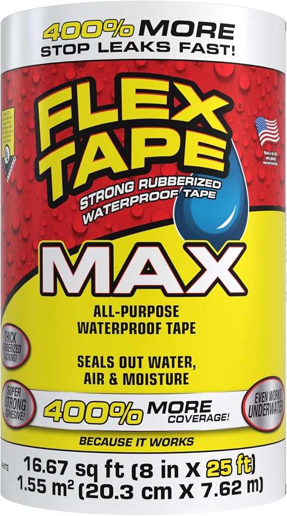 Flex Tape, MAX, Original Thick Flexible Rubberized Waterproof Tape - Seal and Patch Leaks, Works Underwater, Indoor Outdoor - Home RV Roof and Pool Repairs, White, 8 in x 25 ft, Pack of 1 | Seals and patches leaks on wet or dry surfaces, works underwater, UV resistant, for RV roof, pool and home repairs