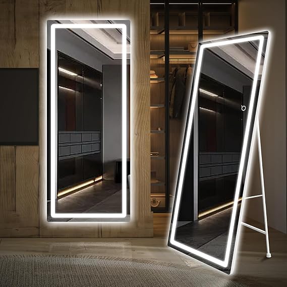 KKN 79" x 32" inch LED Full-Length Mirror Dimmable Three-Color Lighting Vertical/wall-Mounted Aluminum-Framed Cosmetic Mirror Bedroom Salon Dressing Oversized Black-Framed smart Mirror
