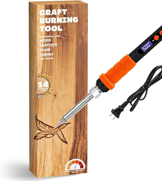 Wood Burning Kit, Adjustable Temperature Pyrography Pen Set with 14 Premium Tips, 200℃-500℃ Adjustable Temperature Wood Burning Pen Kit for Wood Crafting Art & Creative DIY Gift