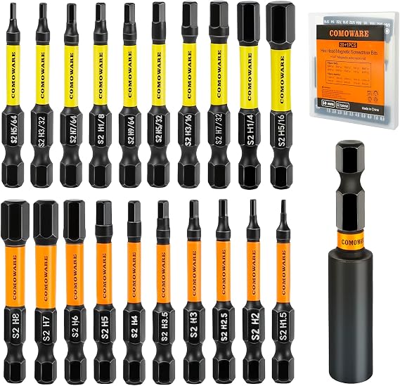 COMOWARE 21pcs Allen Wrench Drill Bits (Metric&SAE), S2 Steel 1/4" Hex Bit Set, CNC Tip Screwdriver Bits, 2" Length Magnetic Drill Bit, Impact Hex Bitss Set for Electronic Devices Disassembly